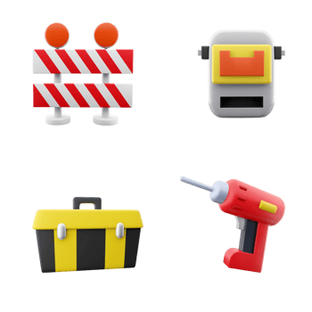 3d rendering warning barrier, tool box, electric screwdriver, welding mask icon set. 3d render construction concept icon set. png