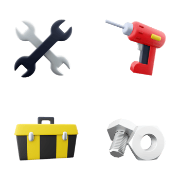 3d rendering nuts and bolts, tool box, electric screwdriver, two wrenches icon set. 3d render construction concept icon set. png