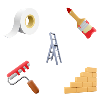 3d rendering brick stair, brush for painting, roller brush, construction ladder, adhesive tape in a roll icon set. 3d render construction concept icon set. png