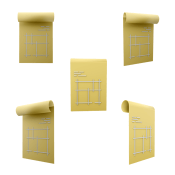 3d rendering blueprint house plan drawing icon set. 3d render project documentation, which specifies the location of the main load-bearing structures of the house different positions icon set. png