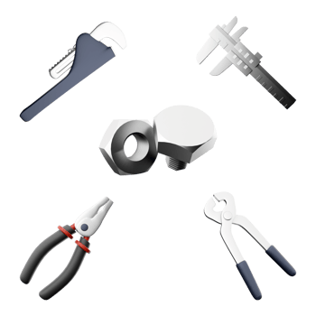 3d rendering calipers, nuts and bolts, construction tongs, pliers, straight pipe wrench icon set. 3d render construction concept icon set. png
