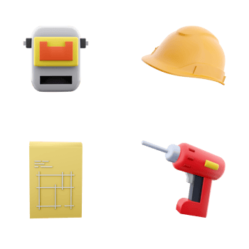 3d rendering construction helmet, welding mask, electric screwdriver, blueprint house plan drawing icon set. 3d render construction concept icon set. png
