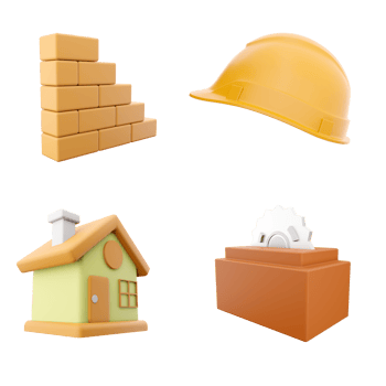 3d rendering orange construction helmet, house, circular saw with steel toothed disc, brick stair icon set. 3d render construction concept icon set. png