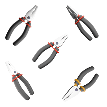 3d rendering Pliers red and black colors icon set. 3d render Pincers, the gripping part of which has a flat inner surface different positions icon set. png