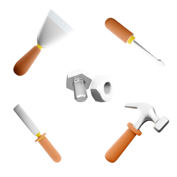 3d rendering chisel hand tool, hammer, screwdriver, nuts and bolts, Steel trowel icon set. 3d render construction concept icon set. png