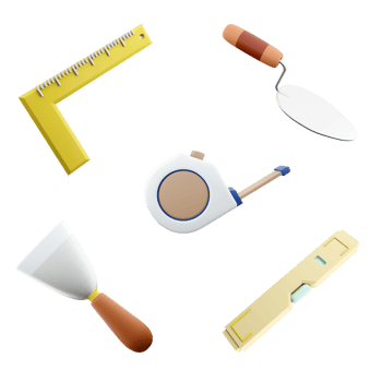3d rendering Iron ruler with angle bar, Steel trowel, yellow level, cement trowel, tape icon set. 3d render construction concept icon set. png