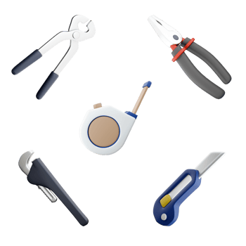 3d rendering pliers, straight pipe wrench, construction tongs, measuring tape, stationery knife with a blade icon set. 3d render construction concept icon set. png