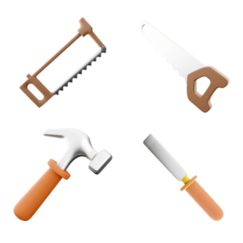 3d rendering chisel hand tool, hacksaw, hand saw, hammer icon set. 3d render construction concept icon set. png