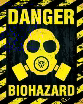 Danger Biohazard warning label sign, gas mask icon. Infected Specimen, black and yellow danger symbol with worn, scratchy and rusty textures vector