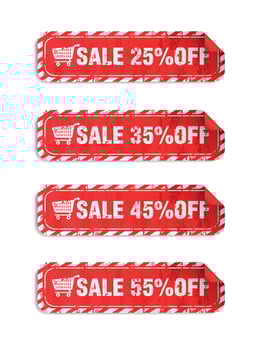 Sale red stickers set in grunge design style vector. Sale 25, 35, 45, 55 off vector