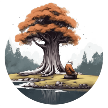 Watercolor painting of old man and tree png