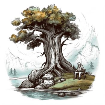 Watercolor painting of old man and tree png