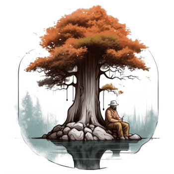 Watercolor painting of old man and tree png