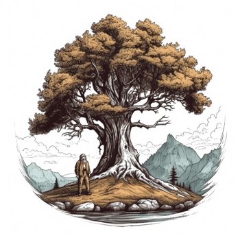 Watercolor painting of old man and tree png