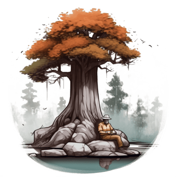 Watercolor painting of old man and tree png