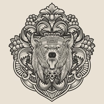 Illustration of tribal bear head with vintage engraving ornament in back perfect for your business and Merchandise vector
