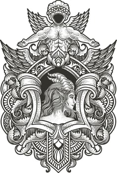 Vector illustration. beautiful demon girl with vintage engraving ornament style perfect for your business and  T shirt merchandise
