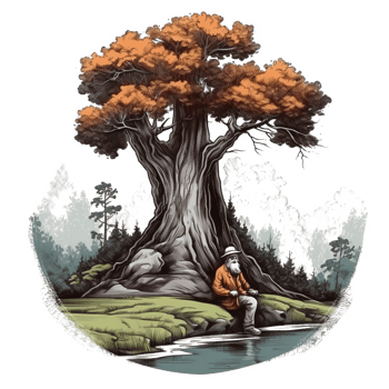 Watercolor painting of old man and big tree png