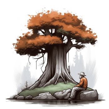 Watercolor painting of old man and big tree png