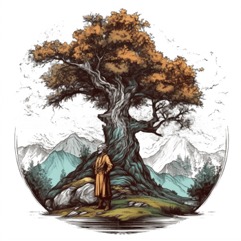 Watercolor painting of old man and big tree png