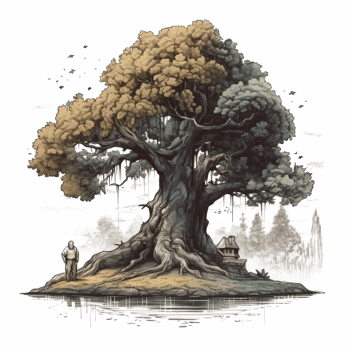 Watercolor painting of old man and big tree png