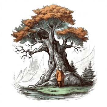 Watercolor painting of old man and big tree png