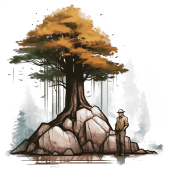 Watercolor painting of old man and big tree png