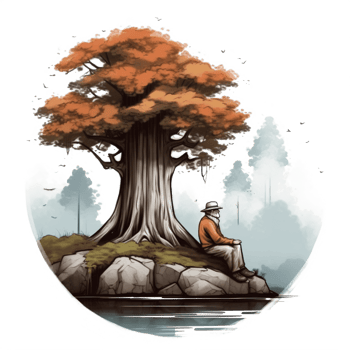 Watercolor painting of old man and big tree png