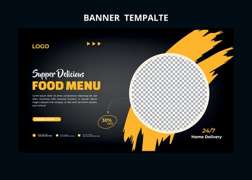 Restaurant food menu social media marketing web banner. Pizza, burger or hamburger online sale promotion video thumbnail. Fast food website background. Food flyer with logo and business icon. vector