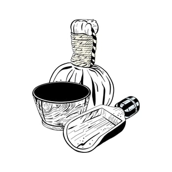 Vector illustration of set bowl and shovel for cosmetic salt and cosmetic bag for massage on white background.