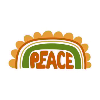 Retro 70s phrase Peace. Groovy flower. Floral hippie summer design. Hipster lettering element for T-shirt, posters, cards. Positive slogan retro 60s style isolated graphic print. Vector illustration