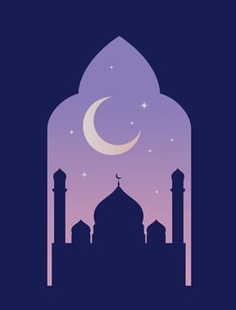 Ramadan vector illustration. Islamic greeting card, poster, banner. Mosque silhouette and crescent background with frame