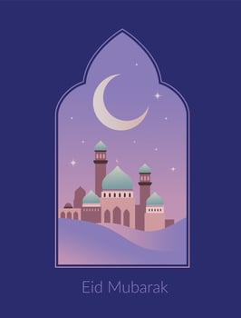 Ramadan vector illustration. Islamic greeting card, invitation, poster, banner. Mosque, arabic city in desert and moon background with frame