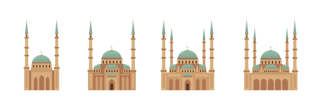 Set of Muslim mosque vector illustration. Eid Mubarak, Ramadan Kareem greeting card. Turkish travel destinations, tourism