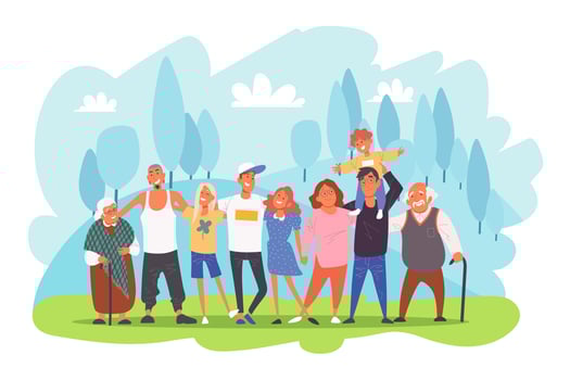 Big family portrait, parents with children, grandparents and grandchildren hugging each other concept vector