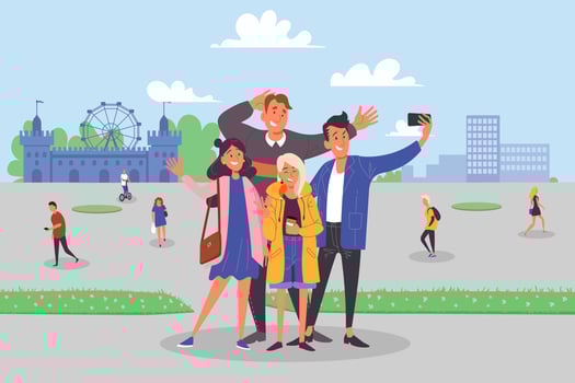 Company of friends, man and woman smiling for photo, tourists with camera concept vector