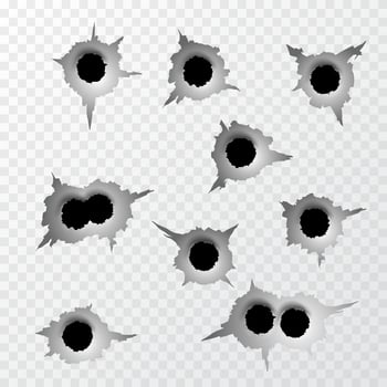 Ragged Bullet Hole. Torn surface from bullet. Ripped metal. Vector illustration
