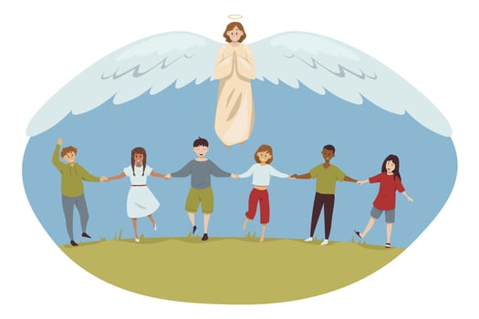 Protection, childhood, education, support, religion, christianity concept. Angel biblical religious character protecting young multiethic happy toddlers schoolchildren kids boys girls. Divine help. vector