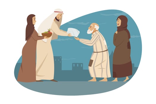 Family, love, holiday, islam, Eid al Fitr concept. Young man woman brother sister muslims give gifts presents to parents arab granny grandfather. Mothers day fathers day islamic Ramadan celebration. vector