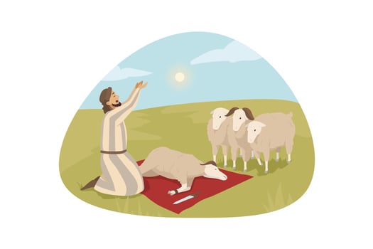 Bible, religion, character, sacrificial offering concept. Young man guy shepherd cartoon character praying to god ready for killing ship lamb as sacrifice for Lord. Old Testament biblical illustration vector
