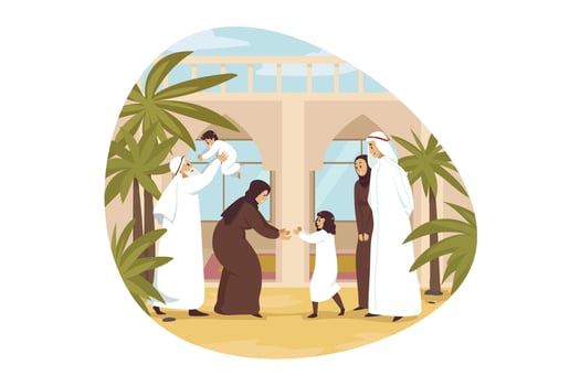 Love, holiday, fatherhood, childhood, meeting, motherhood concept. Young man arab husband muslim woman wife giving children kids son daughter to grany and grandfather. Family recreation illustration. vector