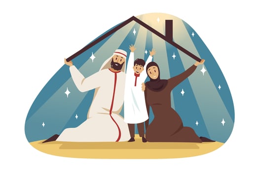 Family, fatherhood, motherhood, childhood, home concept. Muslim arabic man father woman in hijab mother boy child kid son in house together. Family insurance spending time at quarantine illustration. vector