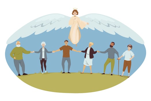 Protection, health, care, support, religion, christianity concept. Angel biblical religious character protects old men women grannies grandfather senior citizens pensioneers. Divine help illustration. vector