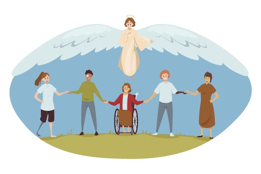 Protection, disability, support, religion, christianity concept. Angel biblical religious character protecting young happy handicapped injured disabled people men women. Divine help and healthcare. vector