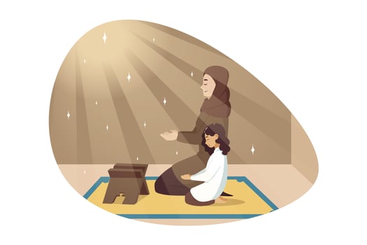 Religion, islam, leisure, God, Allah, motherhood, childhood concept. Young muslim woman with hijab praying with with child kid daughter together. Family recreation mothers day and religious education. vector