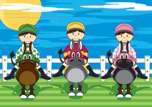 Cute Cartoon Jockeys on Horses Sport and Leisure Illustration vector