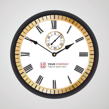Realistic office clock. Wall round watches with time arrows and clock face isolated 3d vector black and white clocks on temperature showing circle