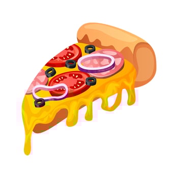 Fast food flying pizza slice with pepperoni, tomato. Street takeaway cafe, cooking, junk food. King size, classic american traditional cartoon snacks meals. for banner, poster, menu, flyer vector