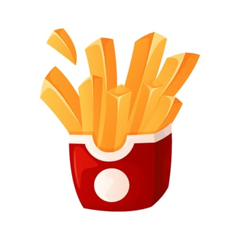 Fast food flying french fried potato in a red pack box. Street takeaway cafe, cooking, junk food. King size, classic american traditional cartoon snacks meals. for banner, poster, menu, flyer vector