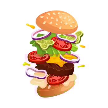 Fast food flying burger with cheese, meat and vegetables. Street takeaway cafe, cooking, junk food. King size, classic american traditional cartoon snacks meals. for banner, poster, menu, flyer vector